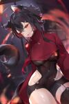  1girl animal_ears asymmetrical_legwear black_hair breasts cat_ears cat_tail colored_inner_hair dutch_angle heterochromia highres hip_vent indie_virtual_youtuber large_breasts lita_(winterkindlita) looking_at_viewer multicolored_hair naiichie red_eyes red_hair short_hair_with_long_locks shrug_(clothing) single_thighhigh solo tail thighhighs turtleneck twitter_username two-tone_hair virtual_youtuber web_address yellow_eyes 