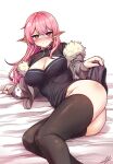  1girl ass bed_sheet black_dress black_thighhighs closed_mouth dress fur-trimmed_jacket fur_trim highres jacket kina_lillet long_hair looking_at_viewer lying no_panties pink_hair pinkmarine player_(webtoon) pointy_ears red_eyes solo sweat thighhighs 