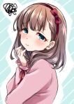  1girl blush brown_hair green_eyes hairband idolmaster idolmaster_cinderella_girls looking_at_viewer medium_hair pink_shirt pout sakuma_mayu shirt sketch solo squiggle tottoto_tomekichi 