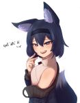 1girl absurdres animal_ear_fluff animal_ears bare_shoulders black_eyes black_hair black_jacket breasts bright_pupils english_commentary english_text fox_ears fox_girl fox_tail hair_between_eyes hairband hand_up highres jacket jacy light_brown_hair looking_at_viewer looking_to_the_side off_shoulder open_mouth original raised_eyebrows shirt short_hair simple_background sleeveless sleeveless_shirt small_breasts smile solo souko_chie tail teeth upper_body upper_teeth_only white_background white_pupils 