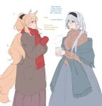  2girls :d animal_ears aran_sweater arknights aurora_(arknights) avi_(baltika_seven) bear_ears bear_girl black_bow black_eyes black_hairband blonde_hair blush bow brown_coat brown_sweater cable_knit coat commentary cup english_commentary eye_contact feet_out_of_frame flat_color grey_hair grey_scarf grey_skirt hair_between_eyes hair_bow hairband highres holding holding_cup horse_ears horse_girl horse_tail long_hair long_sleeves looking_at_another mittens mug multiple_girls nearl_(arknights) notice_lines open_mouth own_hands_together red_mittens red_scarf russian_text scarf simple_background sketch skirt smile split_mouth standing steam sweater tail talking translation_request turtleneck turtleneck_sweater unfinished white_background yellow_tail 