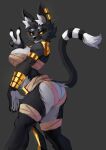 anthro bacardi_(muart242) bandage black_body black_fur butt felid feline female fur gold_(metal) gold_jewelry hi_res jewelry looking_at_viewer looking_back mammal pajamamcham solo tail yellow_sclera