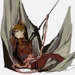  1girl blood blood_from_eyes blue_eyes bodysuit brown_hair commentary death disembowelment feet_out_of_frame guro hair_between_eyes intestines lance_of_longinus_(evangelion) long_bangs long_hair looking_at_viewer neon_genesis_evangelion open_mouth plugsuit polearm red_bodysuit solo souryuu_asuka_langley stab the_end_of_evangelion weapon white_background zvz_(tt82295946) 