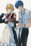  1boy 1girl absurdres adjusting_another&#039;s_clothes aegis_(persona) apron black_dress black_pants blonde_hair blue_eyes blue_hair blue_ribbon bow bowtie bread bread_slice collared_shirt dress food food_in_mouth gloves grey_background hair_over_one_eye highres holding holding_tray long_sleeves maid maid_headdress mouth_hold neck_ribbon ooc_(sylyaoh) pants parted_lips persona persona_3 red_bow red_bowtie ribbon shirt short_hair short_sleeves simple_background toast toast_in_mouth tray white_apron white_gloves white_shirt yuuki_makoto_(persona_3) 
