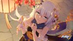  1girl :d bare_shoulders blue_eyes china_dress chinese_clothes cobblestone copyright_name dress flower hair_between_eyes hair_flower hair_ornament highres honkai_(series) honkai_impact_3rd lantern logo long_hair looking_at_viewer official_art paper_lantern red_flower second-party_source smile smirk solo tassel theresa_apocalypse white_hair zhuge_kongming_(honkai_impact) 