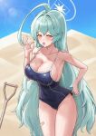  1girl absurdres abydos_high_school_swimsuit ahoge bare_arms bare_legs bare_shoulders black_one-piece_swimsuit blue_archive blush breasts cleavage collarbone cowboy_shot day desert fingernails green_hair groin halo highres huge_ahoge huge_breasts ilbanseomin long_hair looking_at_viewer one-piece_swimsuit open_mouth outdoors school_swimsuit solo swimsuit tongue tongue_out yellow_eyes yellow_halo yume_(blue_archive) 