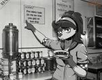 accessory anthro black_and_white canid canine canis cigarette diner domestic_dog faye_arletti female food gesture hand_gesture headband hot_dog looking_at_viewer mammal meme monochrome photo_background photography_(artwork) pointing poodle posspowered restaurant solo waiter