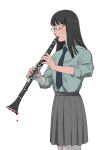  1girl black_eyes black_hair blood blood_drip clarinet collared_shirt dress_shirt freckles glasses instrument long_hair looking_down music necktie nosebleed original playing_instrument pleated_skirt school_uniform shirt shokugyo skirt solo 