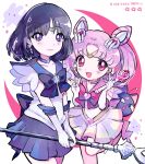  2girls :d back_bow bishoujo_senshi_sailor_moon black_hair bow brooch chibi_usa choker circlet commentary_request cone_hair_bun cowboy_shot crescent double_bun earrings elbow_gloves gloves hair_bun hands_up heart heart_brooch highres jewelry kiato leotard long_hair looking_at_viewer magical_girl multiple_girls pink_bow pink_eyes pink_hair pink_sailor_collar pink_skirt pleated_skirt purple_eyes purple_sailor_collar purple_skirt sailor_chibi_moon sailor_collar sailor_saturn sailor_senshi_uniform short_hair skirt smile standing standing_on_one_leg star_(symbol) star_brooch star_choker tomoe_hotaru twintails v v_arms wand white_gloves white_leotard 