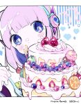  1girl blue_eyes blueberry blunt_bangs cake food food_on_face fork fruit headphones highres holding holding_fork kiato looking_at_viewer orange_(fruit) orange_slice original pocky purple_hair short_hair signature solo strawberry 