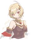  1girl blonde_hair brown_dress citrinne_(fire_emblem) clear_glass_(mildmild1311) commentary_request dress earrings feather_hair_ornament feathers fire_emblem fire_emblem_engage gold_choker gold_trim hair_ornament highres hoop_earrings jewelry mismatched_earrings red_eyes wing_hair_ornament 