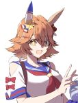  +_+ 1girl animal_ears backpack bag breasts clothing_cutout clover_hair_ornament crystal_ball daruma_doll hair_ornament highres horse_ears korean_commentary looking_at_viewer matikanefukukitaru_(umamusume) neckerchief open_mouth orange_hair red_neckerchief sailor_collar shirt short_hair short_sleeves shoulder_cutout simple_background small_breasts smile solo taisaaa umamusume upper_body white_background white_shirt yellow_eyes 