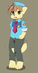  barefoot brown_hair canine clothed clothing cub dog green_eyes hair male mammal miri necktie omorashi open_mouth pants peeing plain_background tears uniform urine wetting young 