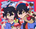  1boy 1girl applin beret black_hair brother_and_sister buttons carmine_(pokemon) character_name collarbone colored_inner_hair commentary_request crossed_bangs eyelashes fu_(tk1189227dhy) grin hair_between_eyes hand_on_another&#039;s_shoulder hands_up hat heart highres kieran_(pokemon) morpeko morpeko_(full) multicolored_hair nail_polish plaid_headwear pokemon pokemon_(creature) pokemon_sv red_nails short_sleeves siblings smile teeth upper_body yellow_eyes 