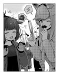  4girls absurdres alternate_costume animal_ear_fluff animal_ears annoyed arknights blush border cat_ears cat_girl closed_eyes commentary_request deerstalker demon_girl demon_horns dragon_girl dragon_horns dragon_tail facing_away fake_facial_hair fake_mustache franka_(arknights) hand_on_another&#039;s_back hat highres holding holding_magnifying_glass hood hoodie horns jessica_(arknights) lightning_bolt_symbol liskarm_(arknights) long_hair magnifying_glass messy_hair monochrome multiple_girls nervous one_eye_closed ponytail short_hair speech_bubble suika_aji sweat tail thinking translation_request two-sided_gloves vanilla_(arknights) wolf_ears wolf_girl 