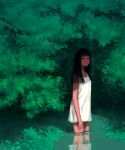  1girl black_eyes black_hair blunt_bangs blunt_ends dress expressionless foliage green_theme in_water long_hair looking_at_viewer original reflection reflective_water shadow shokugyo sleeveless sleeveless_dress solo tree wading water 