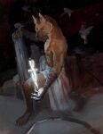 absurd_res anthro avian bird black_background canid canine dagger hi_res hyper_demon jean_soren_ajiacc male mammal maned_wolf melee_weapon mkdouma6 rock simple_background sitting solo weapon