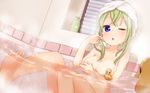  ;o barefoot bath bathtub blue_eyes blush breasts censored cleavage convenient_censoring covering covering_one_breast feet green_hair highres long_hair medium_breasts muku_(muku-coffee) nude one_eye_closed original rubber_duck soles solo toes towel towel_on_head translated water wet 