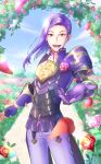  armor falling_petals fire_emblem fire_emblem:_three_houses flower highres long_hair looking_at_viewer lorenz_hellman_gloucester open_mouth pants petals purple_armor purple_eyes purple_hair purple_pants red_flower red_rose rose rose_petals shiriusu 