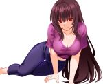  1girl alternate_costume breasts casual cleavage collarbone commentary_request engo_(aquawatery) fate/grand_order fate_(series) large_breasts long_bangs long_hair looking_at_viewer midriff pants purple_hair purple_shirt red_eyes scathach_(fate) shirt simple_background smile solo white_background 