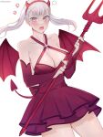  1girl alternate_costume anger_vein artist_name black_clover blush breasts cleavage demon_horns demon_tail demon_wings dress earrings fake_horns fake_tail fake_wings grey_hair highres holding holding_pitchfork horns jewelry large_breasts long_hair looking_at_viewer noelle_silva open_mouth pitchfork purple_eyes red_dress rizaavana simple_background solo spoken_anger_vein tail twintails white_background wings 