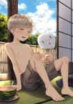  1boy alk barefoot blue_sky child cloud cloudy_sky food fruit grey_eyes grey_hair hand_fan highres hot male_focus original paper_fan short_hair shouji sitting sky sliding_doors smile solo summer sweat tatami topless_male uchiwa very_short_hair watermelon 