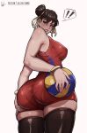  ... 1girl aelion_draws ass ass_focus ass_support blush breasts brown_eyes chun-li curvy dat_ass double_bun english_commentary fhuge_ass hair_bun hand_on_own_ass highres large_breasts looking_at_viewer looking_back official_alternate_costume pantylines red_shorts short_hair shorts sideboob solo spoken_ellipsis sportswear street_fighter street_fighter_6 sweat thick_thighs thighhighs thighs toned volleyball volleyball_uniform white_background 
