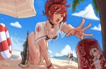  3girls aa-12_(girls&#039;_frontline) aa-12_(the_sun_never_rises)_(girls&#039;_frontline) all_fours beach bikini black_bikini brand_name_imitation breasts can candy choker cloud cloudy_sky colt_revolver_(girls&#039;_frontline) commission dog_tags drink_can food food_in_mouth full_body girls&#039;_frontline gun h&amp;k_mp7 highres lazy_ikeda lewis_(girls&#039;_frontline) lewis_(sunscreen_battle)_(girls&#039;_frontline) lollipop medium_hair mp7_(girls&#039;_frontline) mp7_(lollipop_ammo)_(girls&#039;_frontline) multiple_girls official_alternate_costume open_mouth orange_eyes outdoors palm_tree ponytail reaching red_hair sand see-through see-through_shirt simple_bird sky soda_can submachine_gun swim_ring swimsuit teeth tongue tree twitter_username upper_teeth_only water weapon 