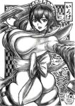  1girl artist_name ass bare_shoulders breasts butterfly_swords commentary_request flipped_hair greyscale hair_ornament holding holding_weapon iroha_(samurai_spirits) japanese_clothes large_breasts logo looking_at_viewer maid_headdress monochrome open_mouth samurai_spirits short_hair signature skidrow sleeveless smile thighhighs thighs weapon 