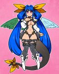  1girl akairiot angel_wings asymmetrical_wings black_choker blue_hair blush breasts center_opening choker dizzy_(guilty_gear) full_body guilty_gear guilty_gear_x guilty_gear_xx hair_ribbon hair_rings hand_on_own_chest highres large_breasts long_hair long_sleeves looking_at_viewer midriff monster_girl panties pink_background puffy_long_sleeves puffy_sleeves red_eyes ribbon stomach thighs twintails underboob underwear very_long_hair white_footwear wide_sleeves wings yellow_ribbon 