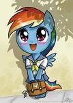  bag blue_fur blush chibi clothing detailed_background equine female feral friendship_is_magic fur hair horse john_joseco long_hair looking_at_viewer mammal multi-colored_hair my_little_pony open_mouth outside pegasus pony purple_eyes rainbow_dash_(mlp) rainbow_hair school_uniform schoolgirl_uniform skirt solo wings 