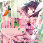  1girl album_cover amateras_records animal_ears arms_up bamboo bamboo_forest black_hair carrot carrot_necklace circle_name clover cover dress floppy_ears forest four-leaf_clover frilled_sleeves frills game_cg givuchoko inaba_tewi jewelry long_dress nature necklace official_art one_eye_closed open_mouth pink_dress puffy_short_sleeves puffy_sleeves rabbit rabbit_ears rabbit_girl rabbit_pose rabbit_tail red_eyes ribbon-trimmed_dress short_hair short_sleeves smile solo tail touhou touhou_cannonball wavy_hair 