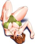  1girl breasts brown_eyes brown_hair covered_navel covered_nipples earrings green_one-piece_swimsuit hand_on_own_thigh highres huge_breasts jewelry kaori_(super_real_mahjong) large_breasts long_hair looking_at_viewer lying mokkouyou_bond mole mole_under_eye navel nipples non-web_source on_back on_floor one-piece_swimsuit shiny_skin short_hair smile solo super_real_mahjong sweat swimsuit 