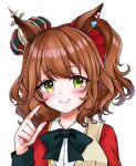  1girl animal_ears aston_machan_(umamusume) black_bow black_bowtie blush bow bowtie brown_hair closed_mouth crown fingernails green_eyes horse_ears horse_girl long_sleeves looking_at_viewer medium_hair nail_polish red_nails simple_background smile solo umamusume upper_body white_background yoma_(lycoris109) 