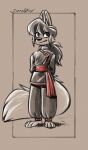 absurd_res animal_humanoid anthro barefoot big_ears big_eyes big_tail black_and_white canid canid_humanoid canine canine_humanoid comic_panel feet fluffy fluffy_hair fluffy_tail fox fox_humanoid hair hands_behind_back head_hair head_tuft hi_res highlights_(coloring) hindpaw humanoid kung_fu looking_back mammal mammal_humanoid martial_arts martial_arts_uniform monochrome paws sash simple_background simple_coloring sketch smile softailfox solo sportswear tail tan_background tuft