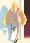  1girl ass_visible_through_thighs blonde_hair breasts female_pubic_hair full_body hand_on_own_hip high_heels highres knee_up leg_lift lingerie long_hair looking_at_viewer lusamine_(pokemon) mature_female nidhoggn nude panties panties_around_one_leg pokemon pokemon_sm pubic_hair pussy shadow small_breasts smile solo standing toned underwear very_long_hair 