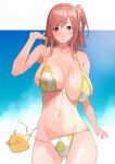  1girl absurdres animal azur_lane bare_arms bare_shoulders bikini bird blue_sky blush breasts cloud cloudy_sky collarbone commentary_request dead_or_alive dead_or_alive_5 dead_or_alive_xtreme hair_ornament hand_up highres hoki1314 honoka_(doa) large_breasts long_hair looking_at_viewer manjuu_(azur_lane) navel outdoors parted_lips pink_eyes pink_hair ponytail pulled_by_self shiny_skin side_ponytail sky stomach swimsuit thighs untied_bikini_bottom water_drop wet 