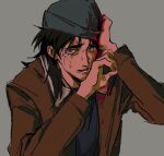  1boy beanie black_hair blood blood_on_clothes blood_on_face bomber_jacket brown_jacket commentary_request crying crying_with_eyes_open grey_background grey_eyes grey_headwear hat itou_kaiji jacket kaiji long_hair long_sleeves looking_at_viewer male_focus open_clothes open_jacket open_mouth scar scar_on_cheek scar_on_face simple_background solo tears upper_body zvz_(tt82295946) 
