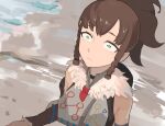  1girl beach black_choker brown_hair choker detached_sleeves frown fur_collar green_eyes hashtag_only_commentary high_ponytail highres palworld player_character_(palworld) sanpaku shirt sidelocks sleeveless sleeveless_shirt solo surprised sweatdrop teasmacker upper_body 