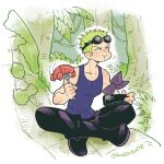  1boy armband artist_name bento black_pants blush boots chewing collarbone commentary crossed_legs eating fork goggles goggles_on_head green_hair holding holding_fork jungle lobster looking_to_the_side male_focus mitsubachi_koucha muscular muscular_male nature nose_blush one_piece pants roronoa_zoro short_hair sitting tank_top tree v-shaped_eyebrows 
