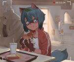  1girl absurdres animal_ears animal_nose black_shirt blue_hair body_fur brand_new_animal brown_fur burger camera cup drinking_straw eating fast_food food french_fries furry furry_female furry_with_non-furry highres holding holding_food interspecies jacket kagemori_michiru leaf leaf_on_head lettuce looking_at_viewer menu_board multicolored_hair ogami_shirou raccoon_ears raccoon_girl raccoon_nose raccoon_tail recording red_jacket restaurant sesame_seeds shirt short_hair soda tail tanuki track_jacket tray user_ehpk4578 white_hair white_shirt 