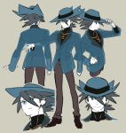  1boy aqua_eyes aqua_headwear aqua_jacket black_footwear black_shirt brown_pants closed_mouth commentary_request grey_hair hand_on_headwear hat highres jacket jewelry korean_commentary long_sleeves male_focus multiple_views necklace pants pokemon pokemon_dppt redlhzz riley_(pokemon) shirt shoes split_mouth 