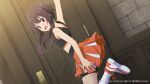  1girl bare_arms bare_shoulders bike_shorts black_shirt black_tank_top blush brown_hair cheerleader copyright_notice from_side hair_between_eyes kono_subarashii_sekai_ni_shukufuku_wo! looking_at_viewer megumin midriff official_art open_mouth orange_footwear orange_skirt pleated_skirt red_eyes shirt shoes short_hair short_hair_with_long_locks skirt sleeveless sneakers socks solo tank_top thighs watermark white_socks zettai_ryouiki 