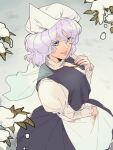  1girl commentary_request juliet_sleeves lapel_pin leaf letty_whiterock long_sleeves looking_at_viewer outdoors parted_lips puffy_sleeves purple_hair raya_(uk_0128) short_hair snow solo touhou white_headwear 