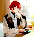  1boy collared_shirt cup earrings glasses hair_between_eyes hanasaki_miyabi highres holostars jewelry light_particles looking_at_viewer male_focus momose_(oqo) necklace red_hair round_eyewear saucer shirt short_hair sitting smile solo steam table teacup upper_body window wooden_table yellow_eyes 