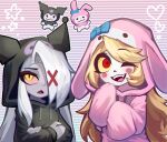  blonde_hair character_hood charlie_morningstar circle_facial_mark colored_sclera cosplay crossed_arms fangs grey_hair hair_over_one_eye hazbin_hotel highres hood hoodie kuromi kuromi_(cosplay) long_hair my_melody my_melody_(cosplay) one_eye_closed onegai_my_melody open_mouth pink_sclera red_eyes sanrio tangerine_grim vaggie very_long_hair yellow_eyes yellow_sclera 