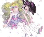  2girls :d black_eyes black_hair blue_dress bow commentary_request dress drill_hair falulu falulu_(awakened) floral_print forehead_jewel frilled_dress frills from_above full_body gaaruru_(pripara) green_dress green_footwear green_hair hair_bow hands_on_own_knees headphones high_heels inogashi long_hair looking_at_viewer multiple_girls open_mouth parted_bangs pink_ribbon pretty_series pripara ribbon shoes sidelocks sitting smile thighhighs twin_drills twintails very_long_hair white_background white_thighhighs 