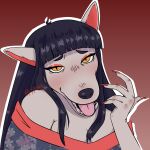 5_fingers anthro asian_clothing black_hair breasts canid canine clothing east_asian_clothing eyebrows eyeliner female fingers fox fox_spirit hair hi_res japanese_clothing makeup mammal miki_(pppanth) pppanth red_background simple_background tongue tongue_out yellow_eyes