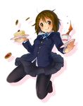  brown_eyes brown_hair cake cookie cup floating food fruit highres hirasawa_yui k-on! layer_cake loafers pantyhose pleated_skirt ribbon sakuragaoka_high_school_uniform school_uniform shoes short_hair skirt strawberry strawberry_shortcake tea teacup thumbprint_cookie tongue tongue_out yamori_(stom) 