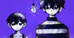  2boys :/ antenna_hair closed_mouth crossover expressionless hair_between_eyes hanging_light height_difference highres jack-o&#039;_ran-tan jitome light_bulb looking_at_another looking_to_the_side male_focus monochrome multiple_boys napoli_no_otokotachi omori omori_(omori) purple_theme short_hair side-by-side simple_background striped_clothes striped_sweater suuno_kamibukuro sweater tank_top 